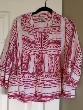 Bohemian Chic Flowy Peasant Striped Print 3/4 Sleeve Blouse Lightweight Medium